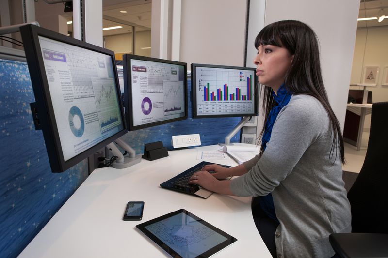 Financial analyst using computers