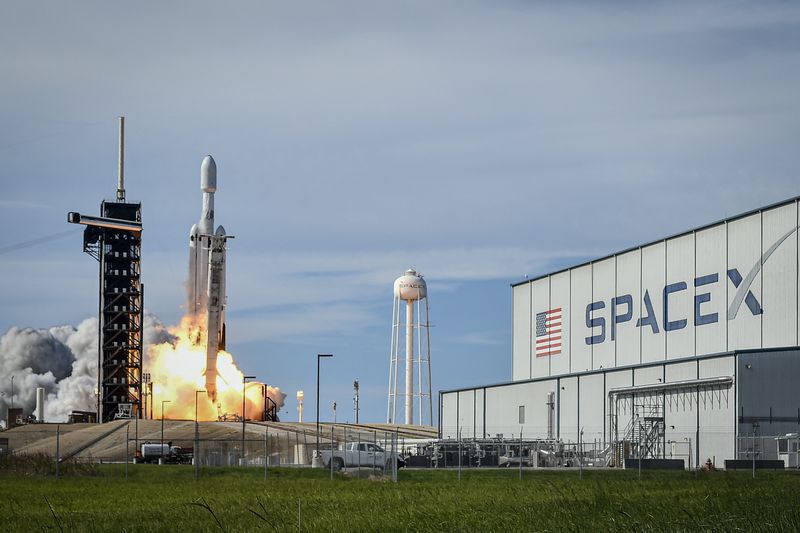 A SpaceX Falcon Heavy rocket carrying the National Oceanic and Atmospheric Administration's (NOAA) weather satellite Geostationary Operational Environmental Satellite U (GOES-U) lifts off from Launch Complex 39A at NASA's Kennedy Space Center, Florida, June 25, 2024