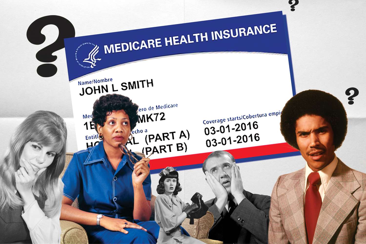 A Medicare card is in the background with concerned looking people in this photo illustration.