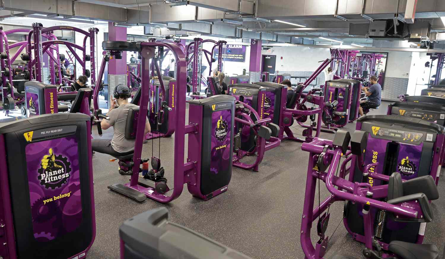 Purple, black, and yellow gym equipment is seen inside a Planet Fitness gym.