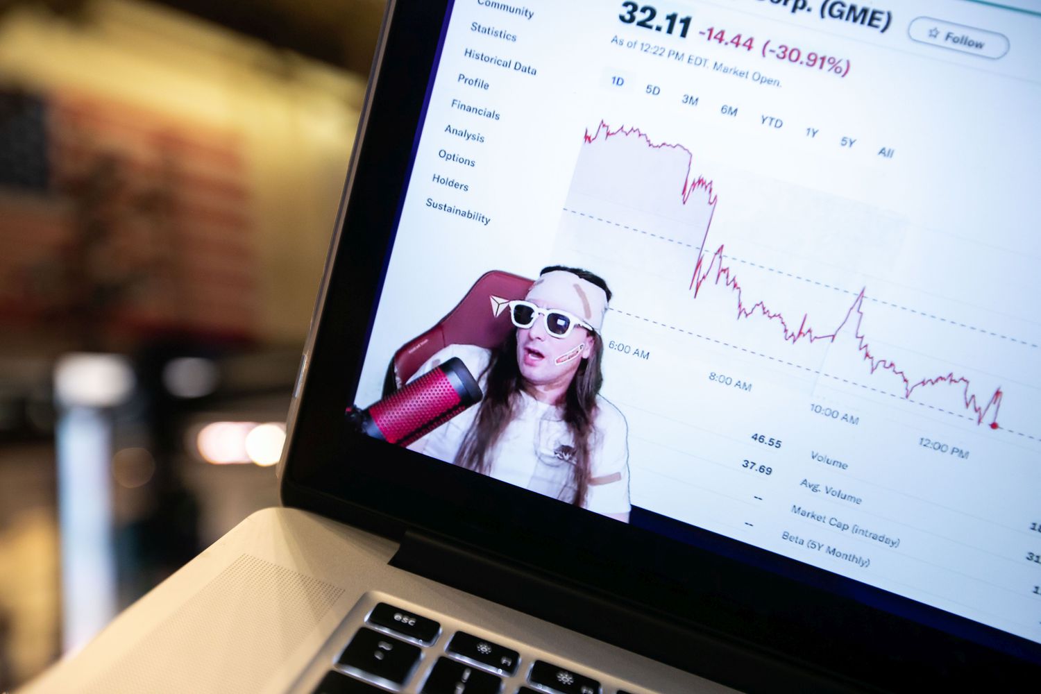 Keith Gill, who is credited with inspiring GameStop's 2020 stock rally, during a YouTube livestream shown on a laptop on June 7, 2024