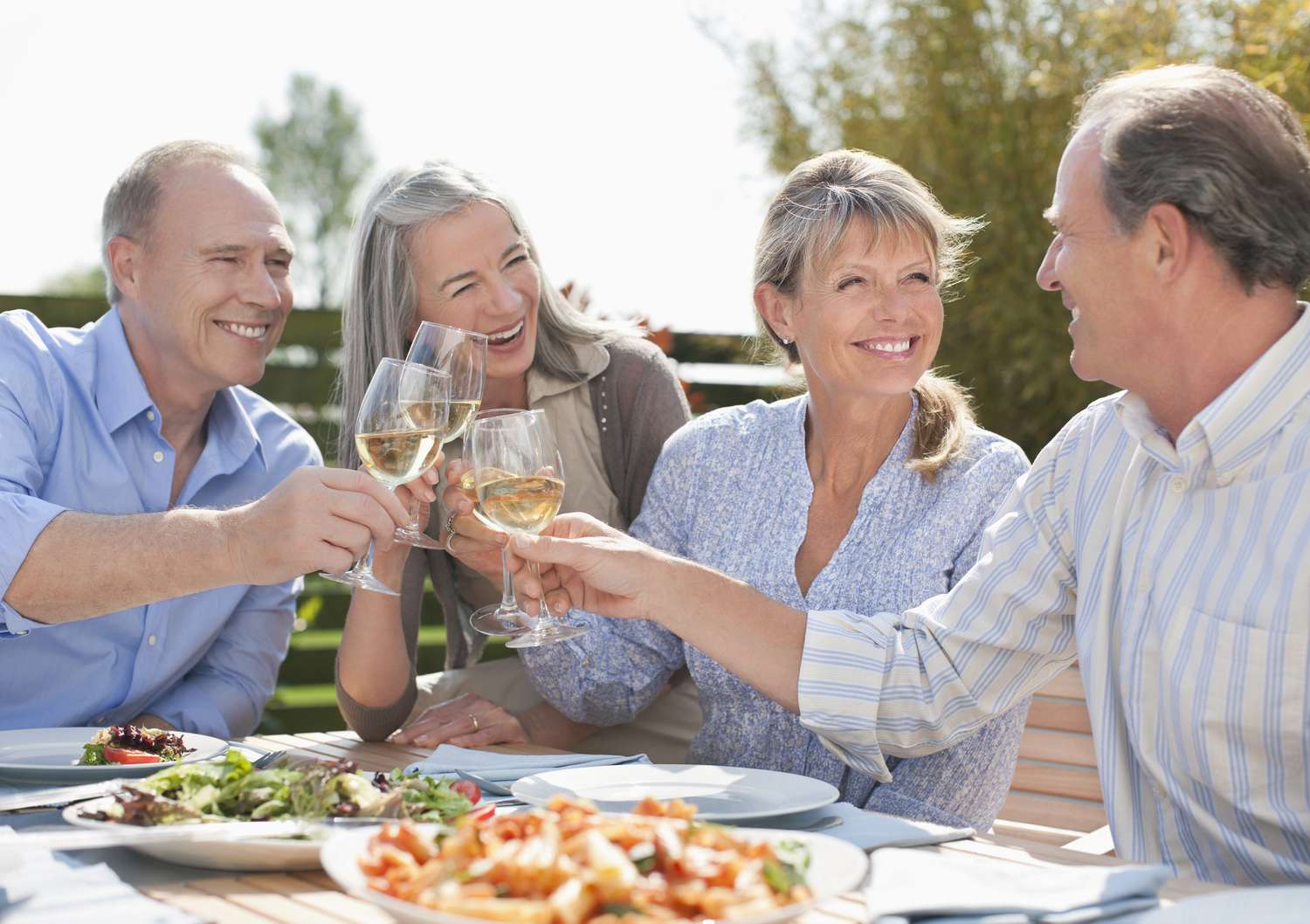 Two older couples toast with glasses of wine.
