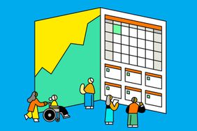 Illustration showing people interacting near a chart with financial data and a calendar, considering when they want to retire.