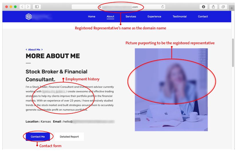 FINRA's example of a faked website meant to lure in targets of fraud.