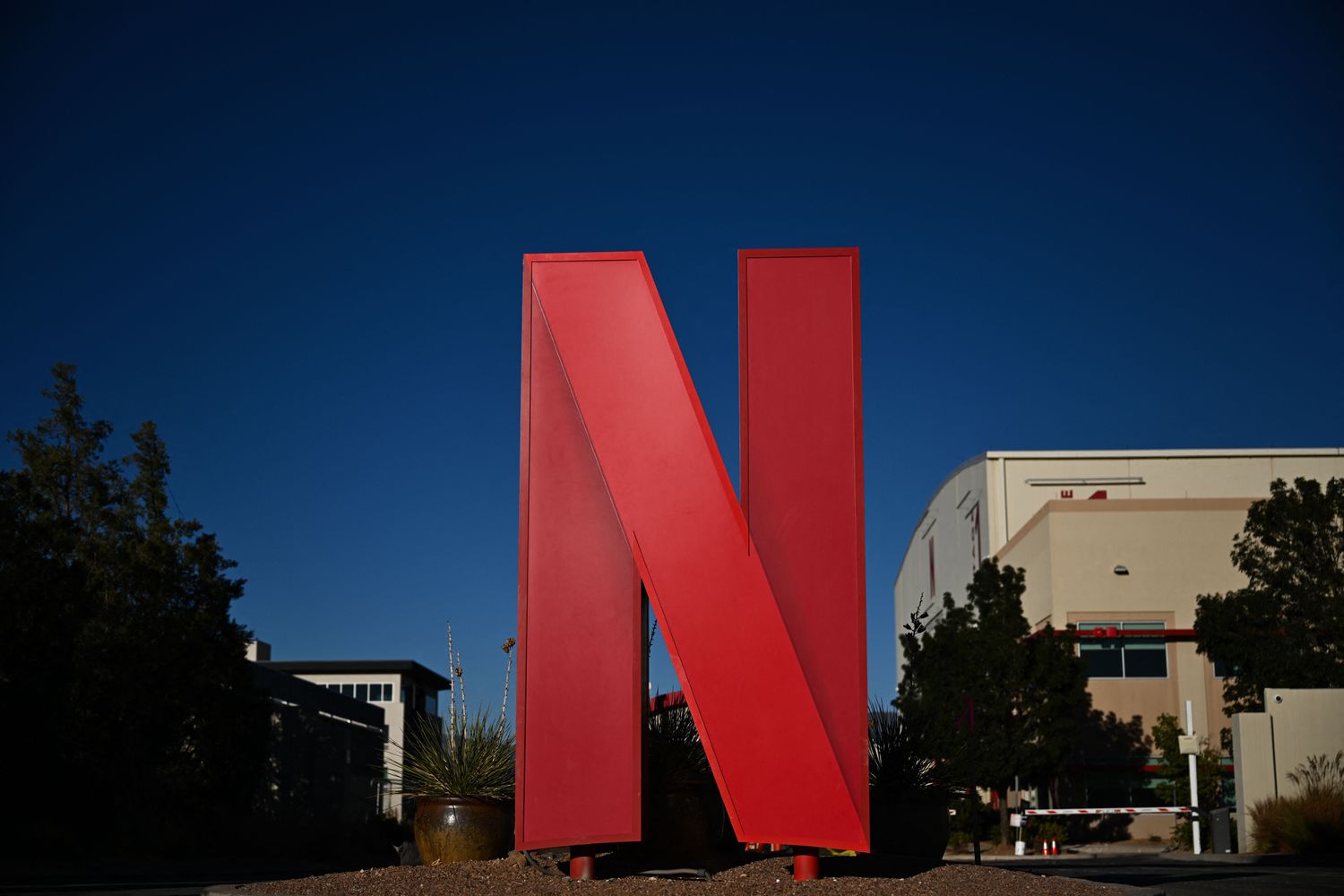 The Netflix logo on display at a company campus.