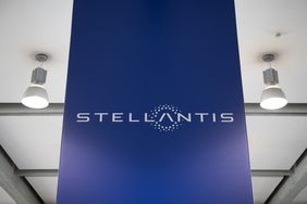 A picture shows the logo of auto giant Stellantis at the Stellantis Mirafiori plant in Turin, Italy, on April 10, 2024