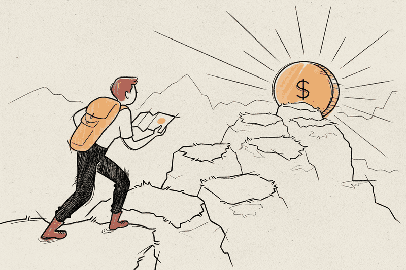 Illustration of a man with a map going towards a coin on a mountain.