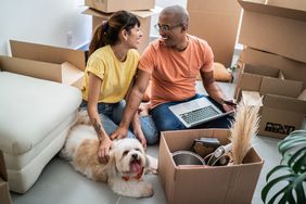 Young couple packing and moving boxes
