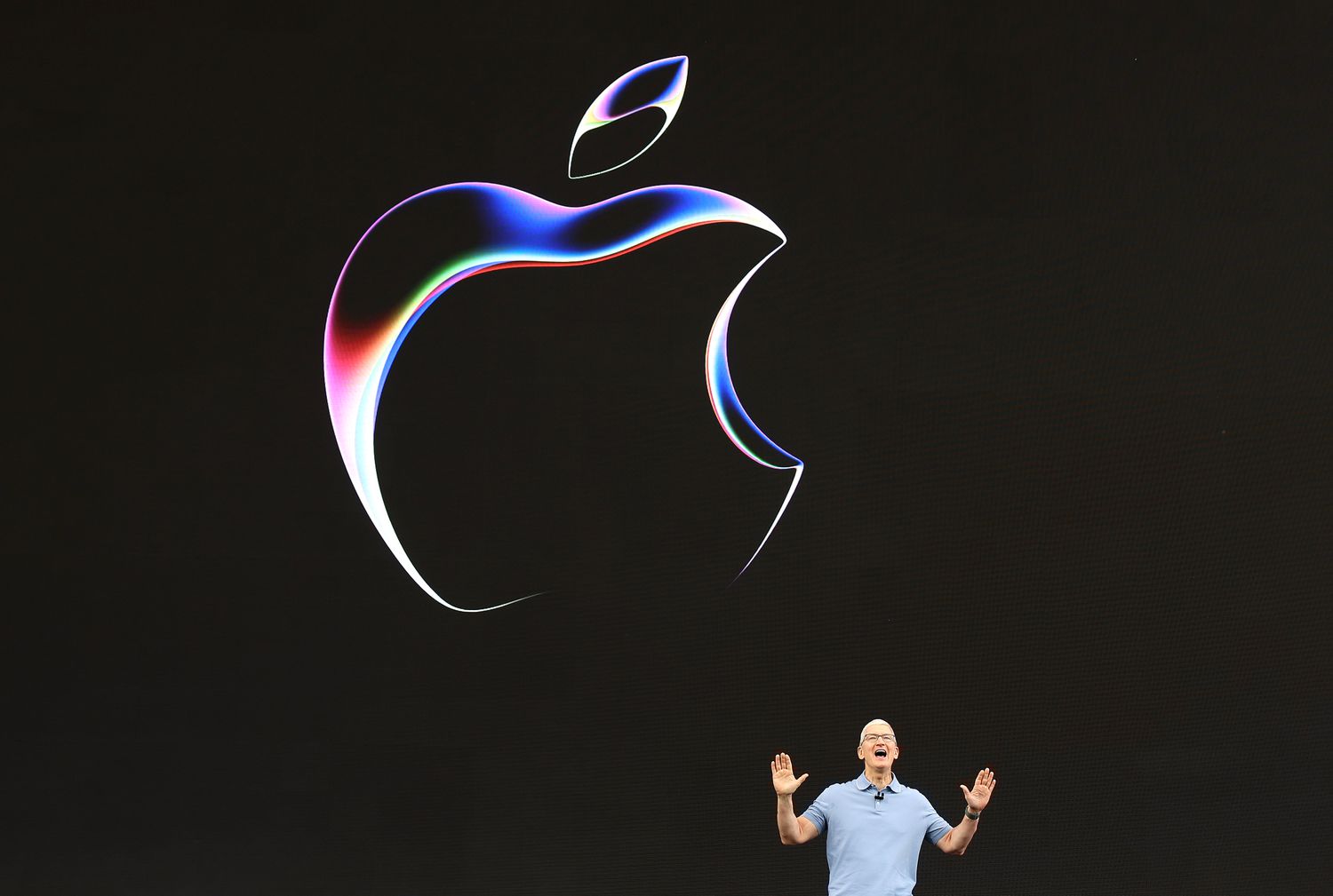 Apple CEO Tim Cook speaks at WWDC at Apple headquarters on June 05, 2023