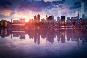 Business background with stock graph growth on the city skyline view.
