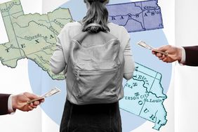A college student is being handed money. Outlines of Texasx, Kansas and Missouri are behind her. 