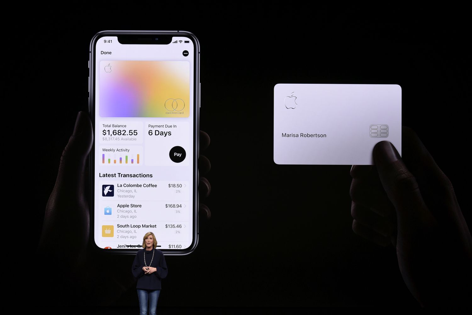 The Apple Card at its launch in 2019, being introduced by an Apple executive