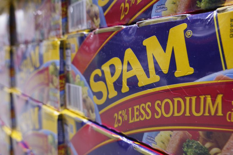Cases of Spam are stacked at a Costco Wholesale store on March 11, 2025 in San Diego, California