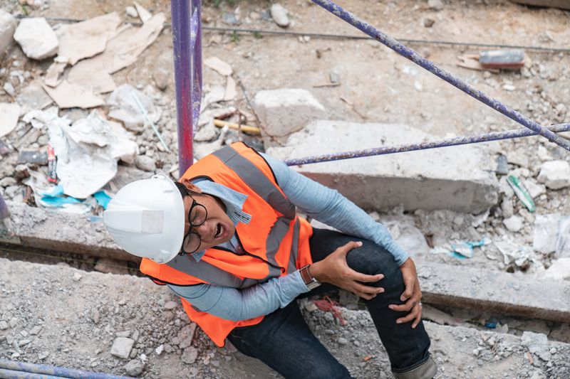 An injured construction worker clutching his knee
