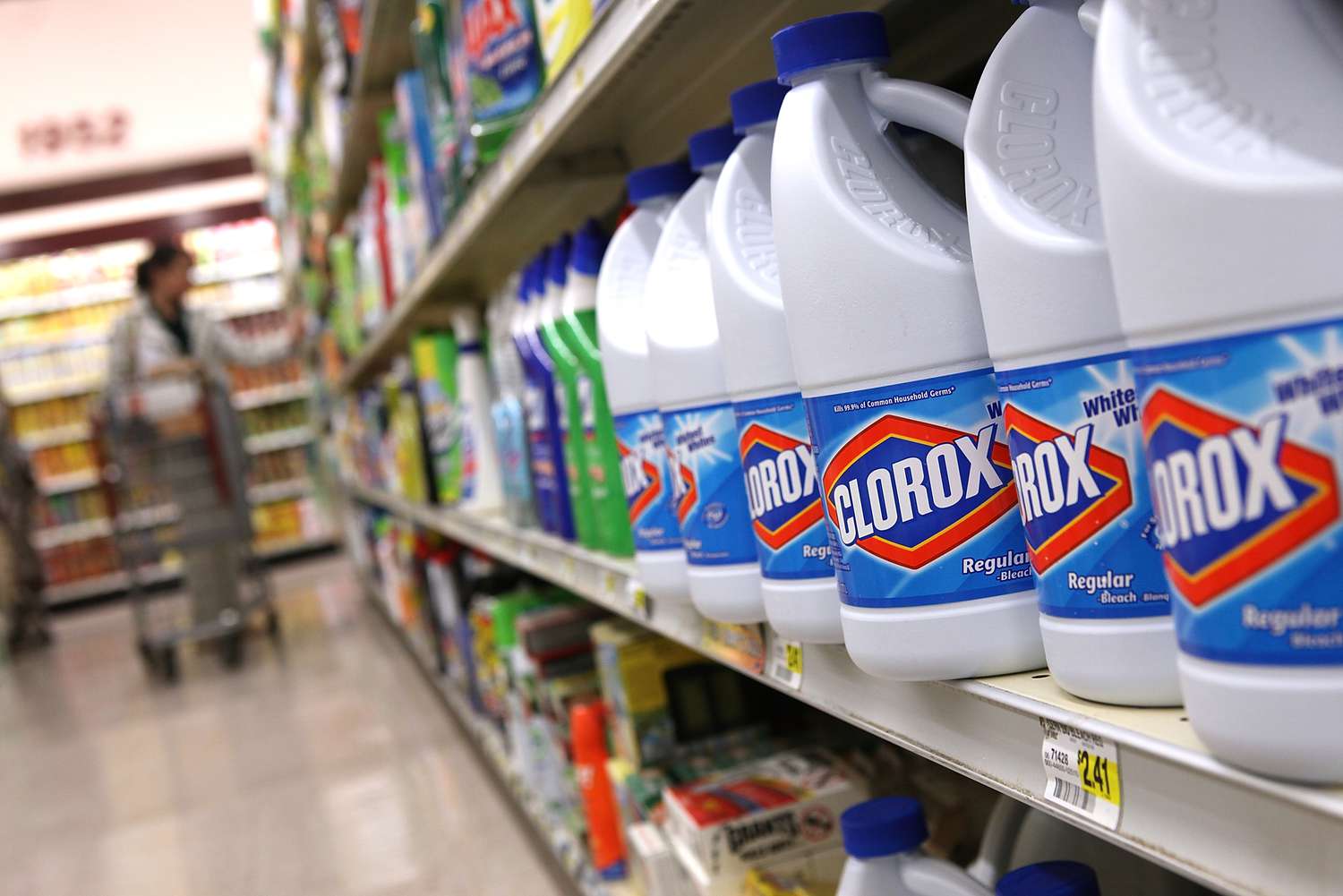 Bottles of Clorox bleach sit on a shelf at a grocery store on February 11, 2011 in San Francisco, California.