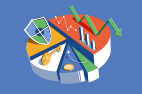 Illustration of a pie chart with financial symbols, depicting different pieces of an investment portfolio.