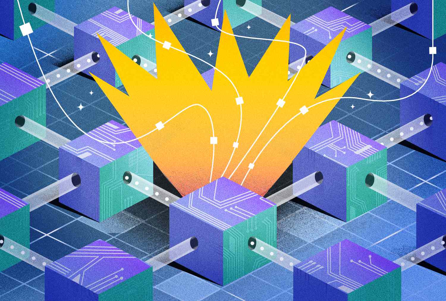 Blockchain illustration with yellow lightning popping out.
