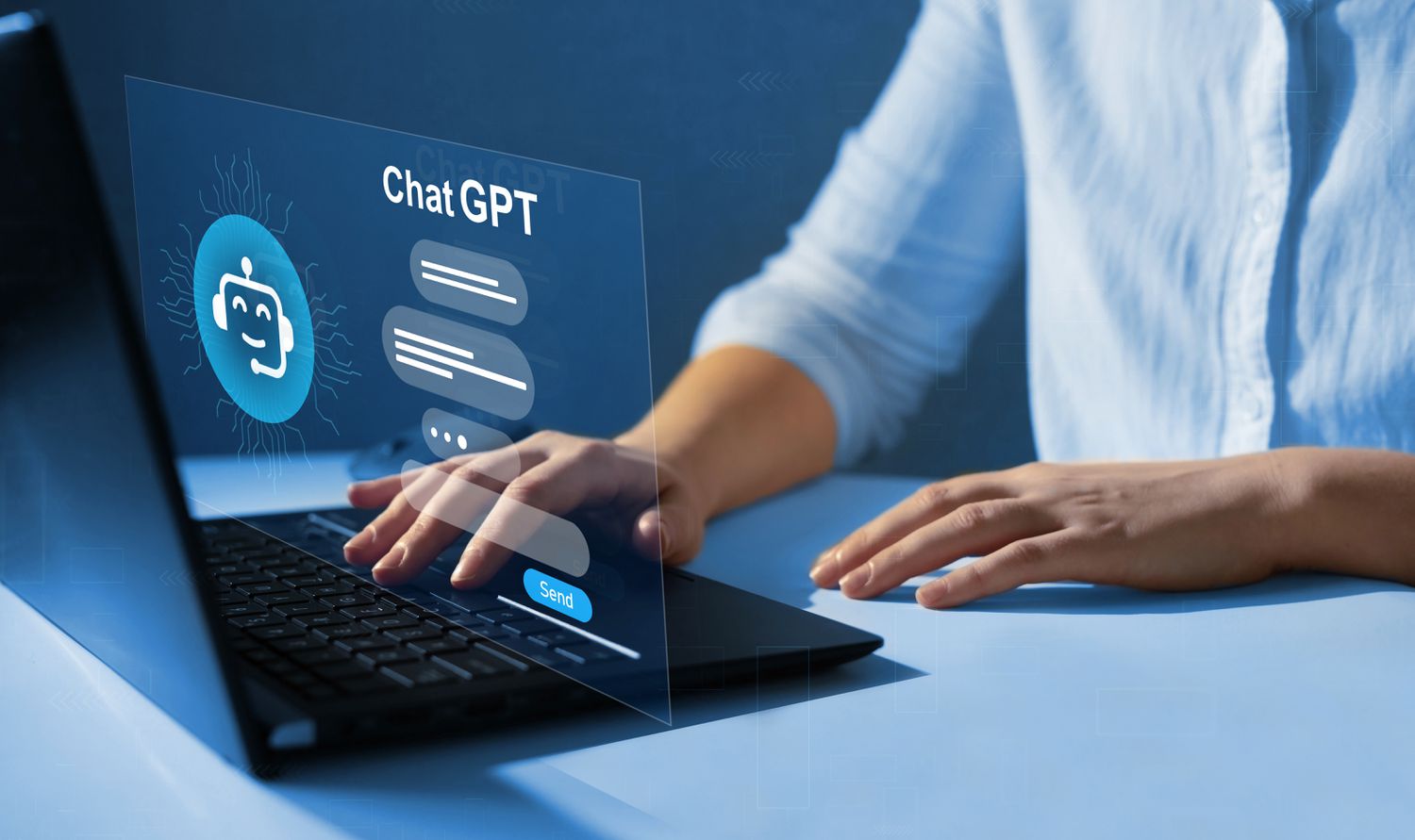 An artist's representation of Chat GPT coming from a laptop. 