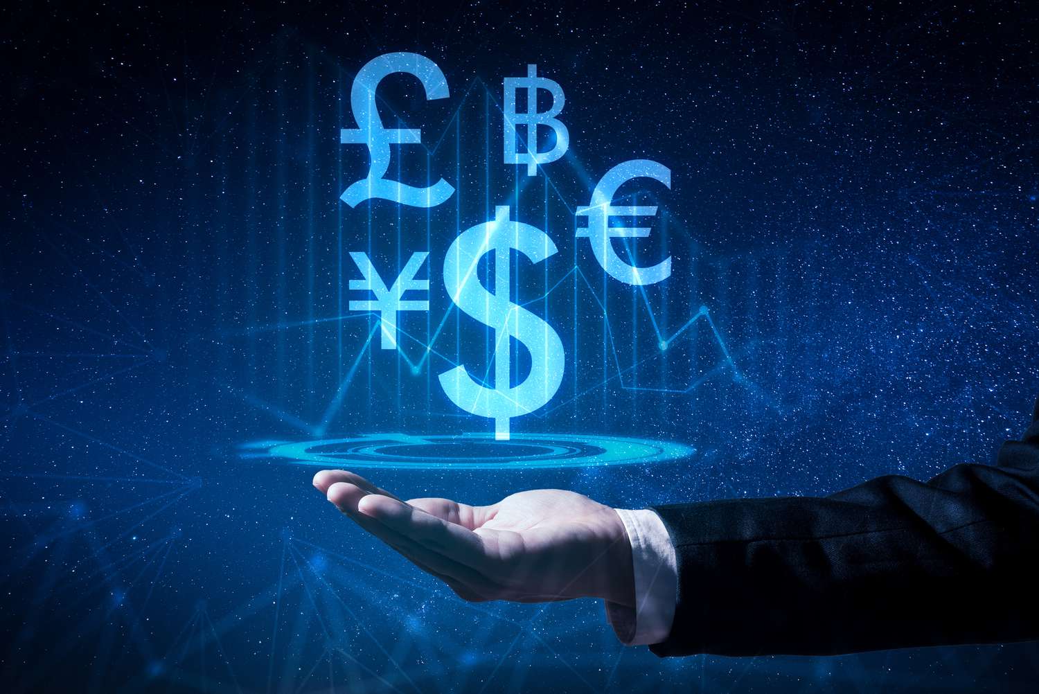 The abstract image of the business man hold the virtual hologram on hand. The concept of currency, financial, online, businessman, information technology and internet of things.