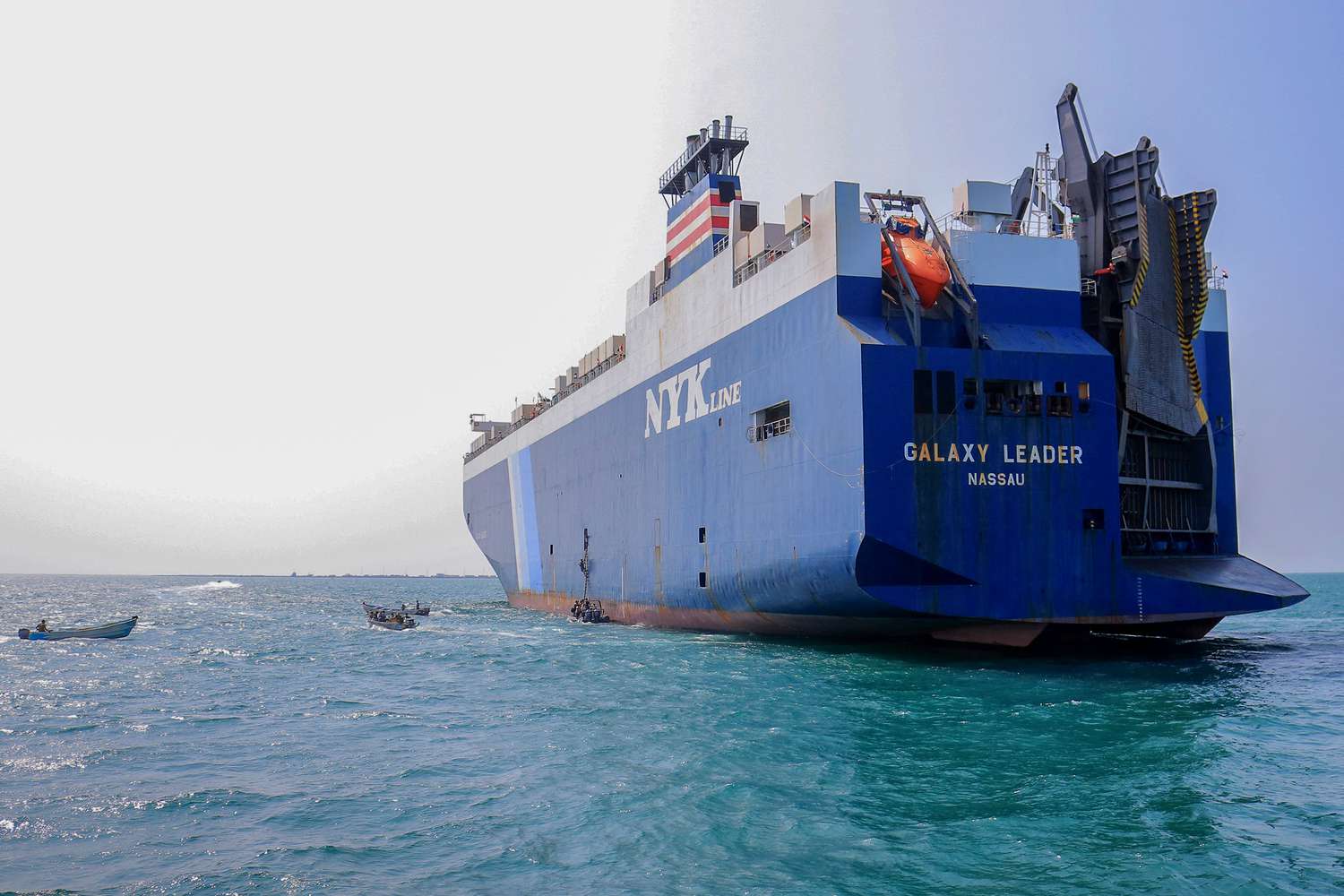 A picture taken during an organised tour by Yemen's Huthi rebels on November 22, 2023 shows the Galaxy Leader cargo ship, seized by Huthi fighters two days earlier, at a port on the Red Sea in Yemen's province of Hodeida.