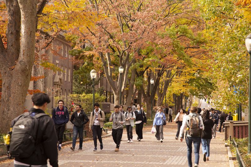 Locust Walk with students in fall, University of Pennsylvania, University City area, Philadelphia, PA, USA.