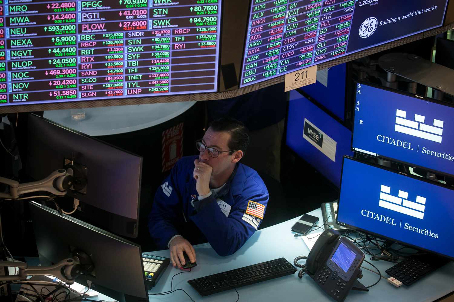 A trader works on the floor of the New York Stock Exchange (NYSE) in New York, US