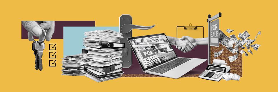 Collage of items related to homebuying against a yellow background.