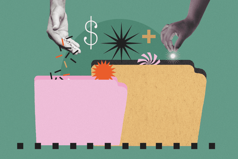 Illustration showing two hands interacting with colorful folders and symbols like dollar signs and stars, representing investment concepts