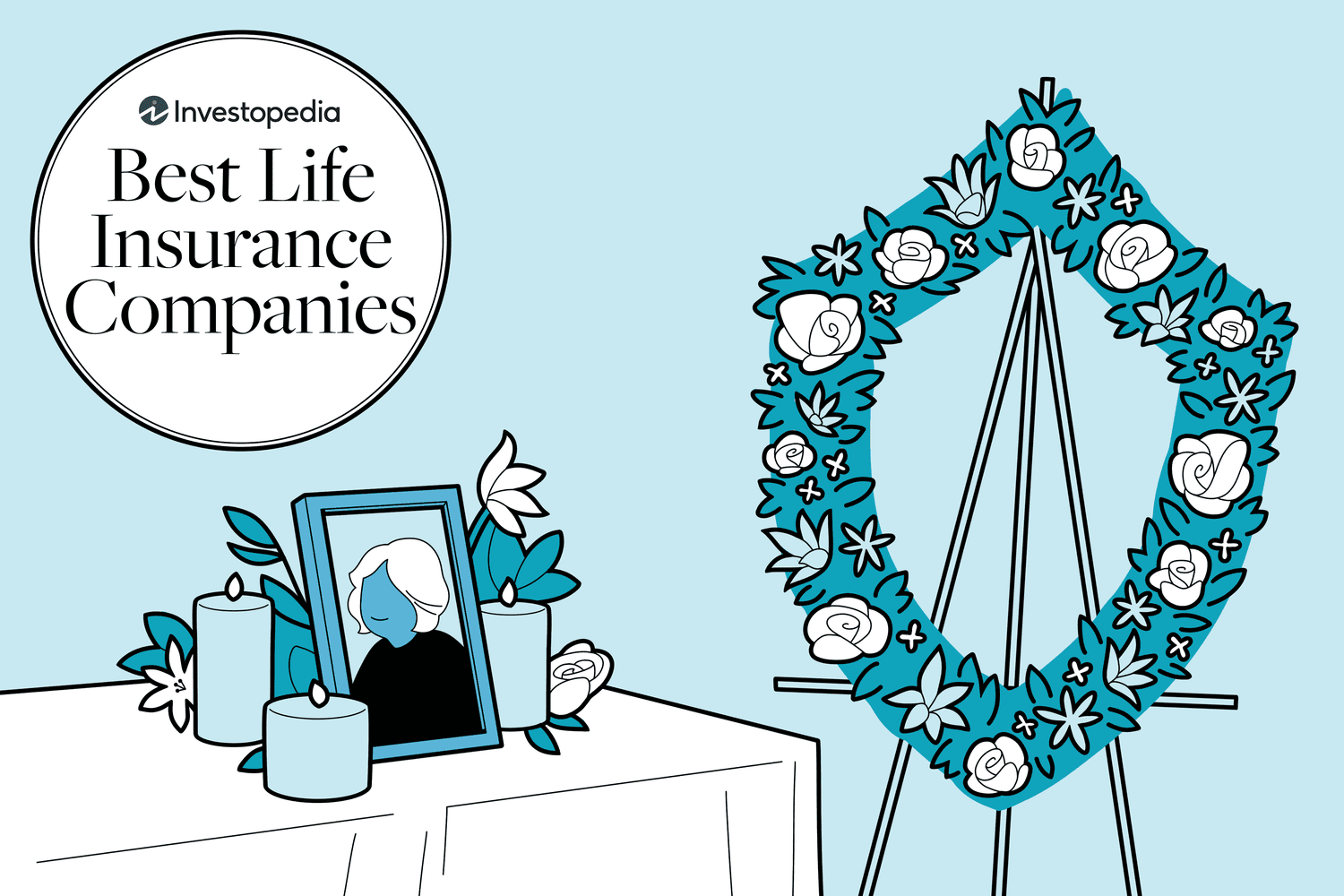 Illustration showing a funeral wreath on an easel, a table with a photo of someone, and the words, "Investopedia. Best Life Insurance Companies."