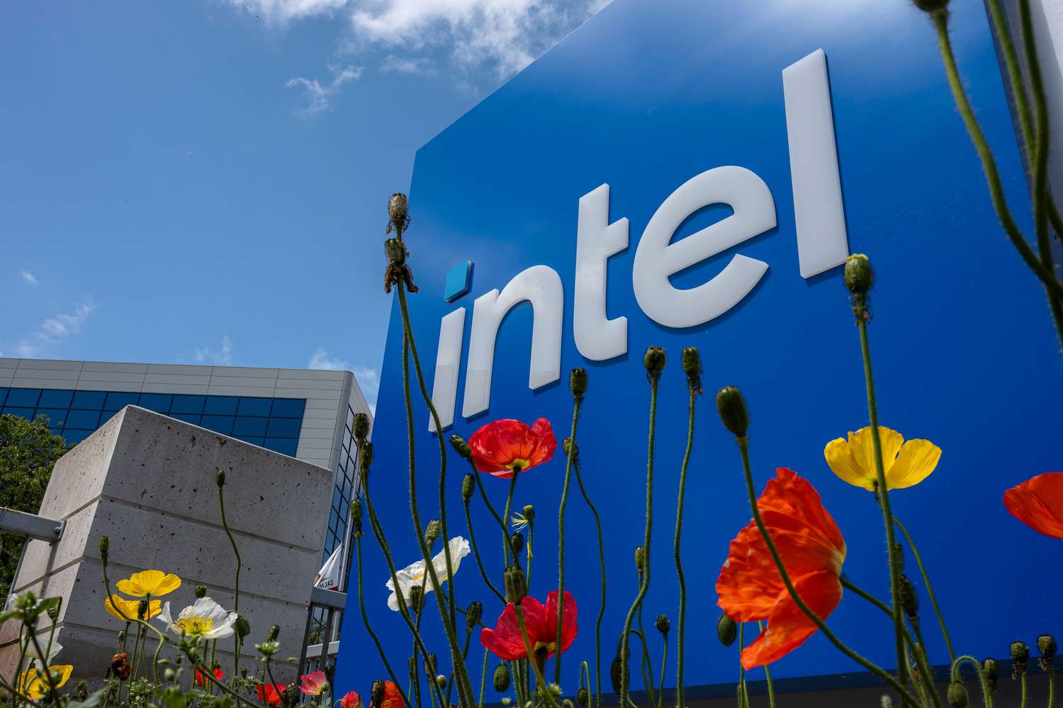 A company logo sign outside Intel headquarters in Santa Clara, California