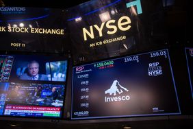 NYSE trading floor with screens displaying the Invesco logo and stock information