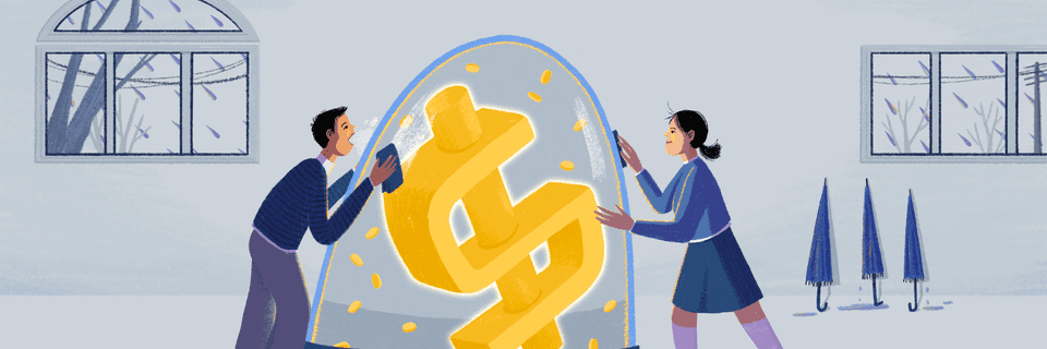 Two people clean and polish their wealth, which is in a protective bubble, after bringing it inside from a rainstorm to symbolize wealth preservation.