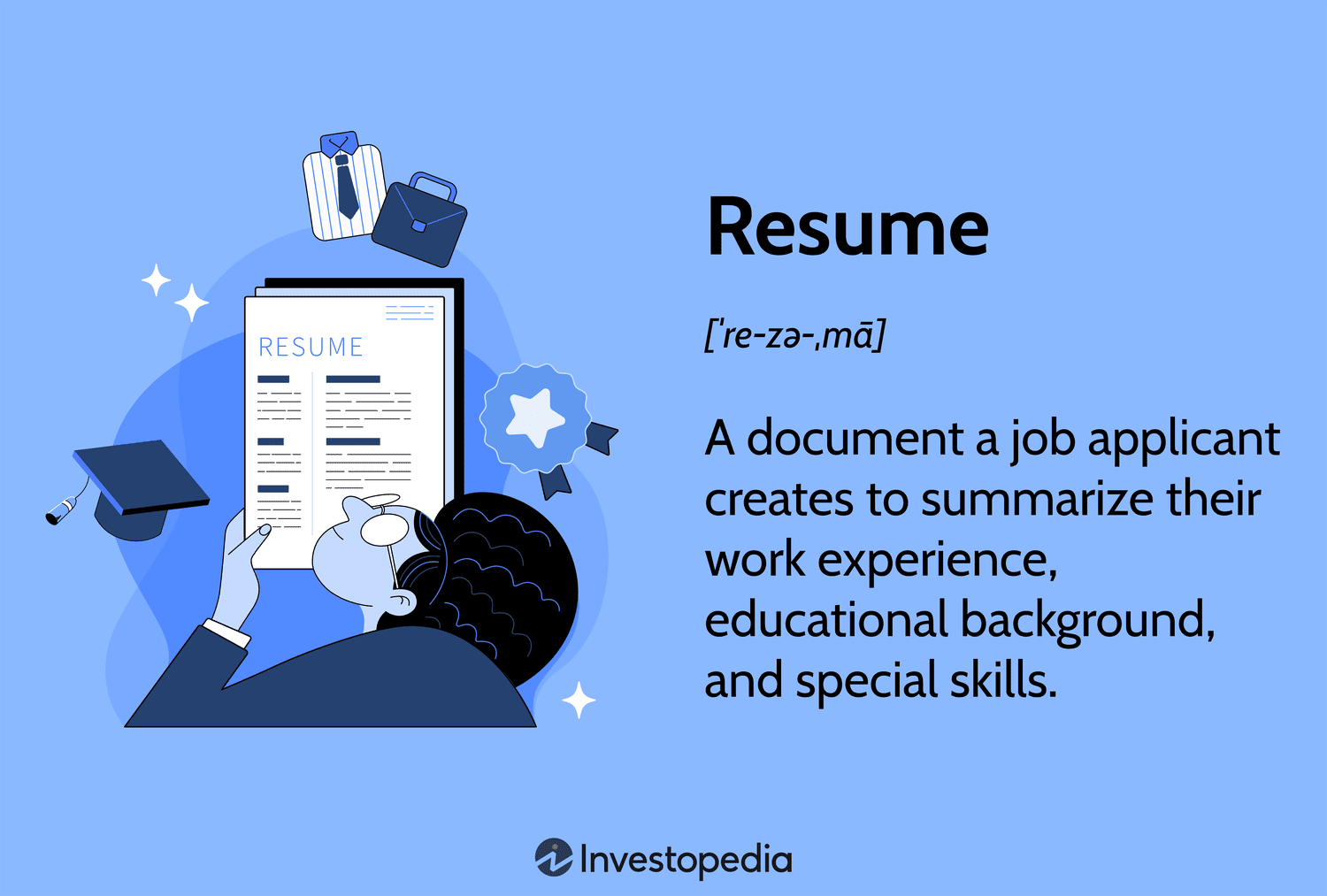 Resume: A document a job applicant creates to summarize their work experience, educational background, and special skills.