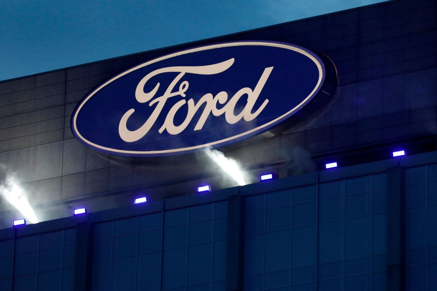 A Ford Motor Co. logo on the side of a company building in Dearborn, Michigan