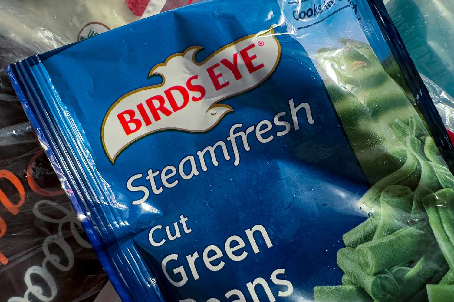 A package of Birds Eye brand green beans, a Conagra product. 
