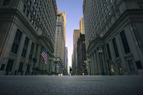 The Federal Reserve Bank of Chicago on the left, with a view down the street where other financial institutions are located.
