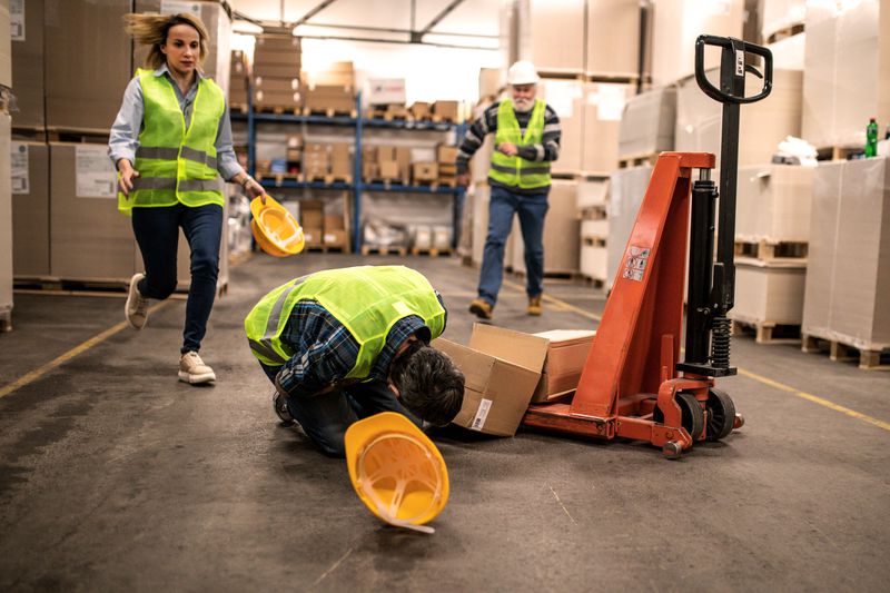 Warehouse workers rush to help a fellow employee who was injured while using a pallet jack in a warehouse.