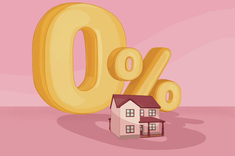 Illustration of a large, yellow 0% symbol behind a house.
