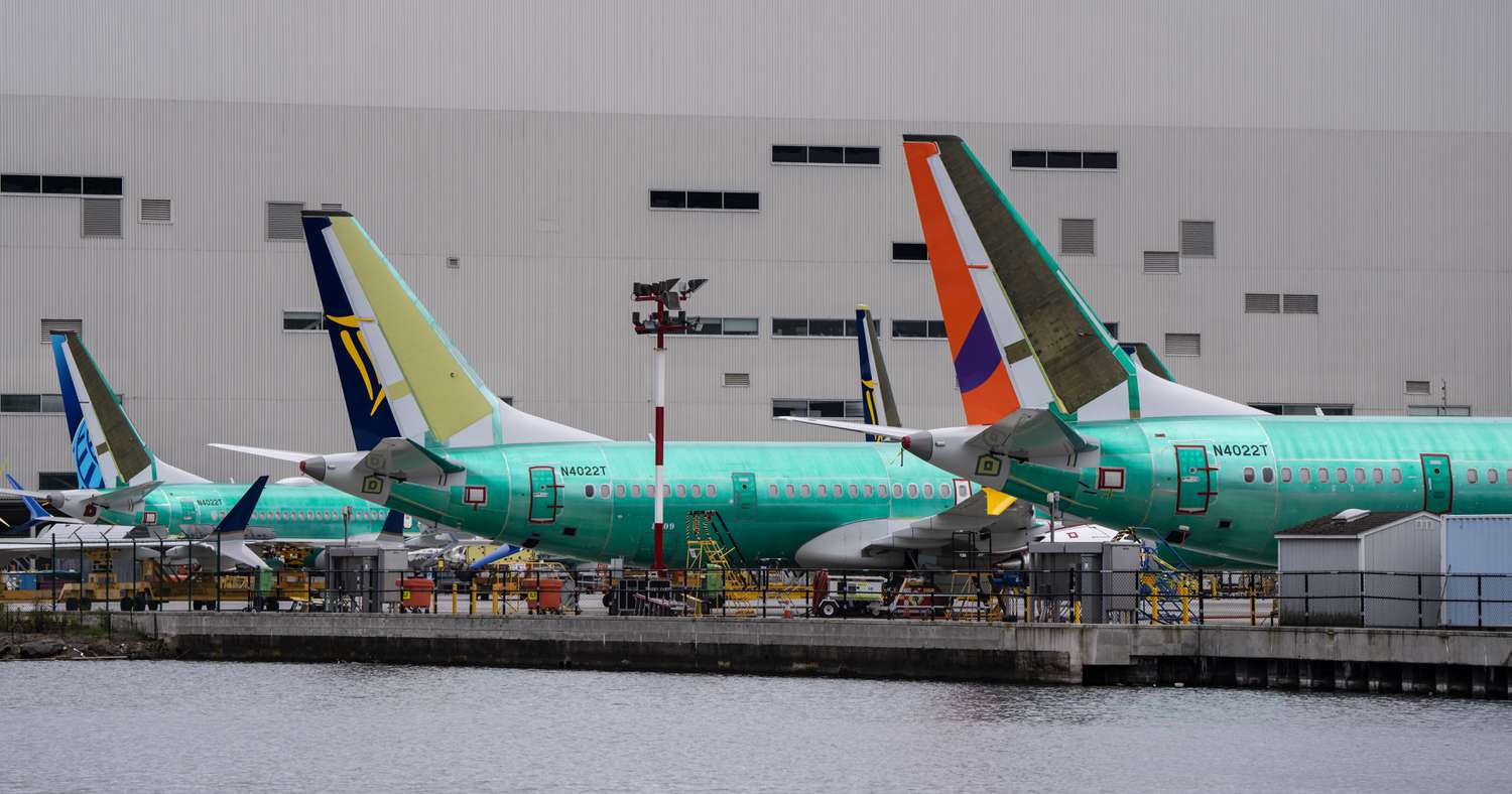 Boeing 737 MAX airplanes are pictured outside a Boeing factory.