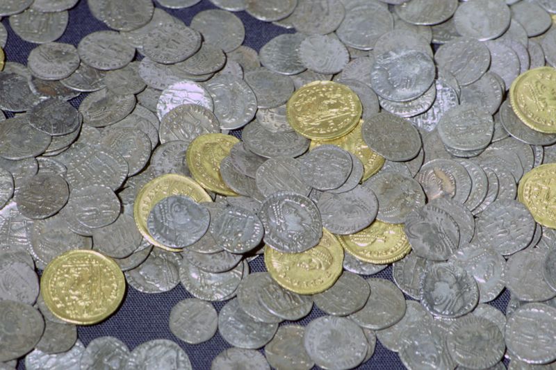 Coins from the Hoxne hoard, Roman Britain, buried in the 5th century. Found in Hoxne, Suffolk in 1992.