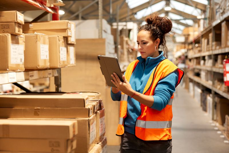 Supply chain manager with clipboard checking inventory in warehouse