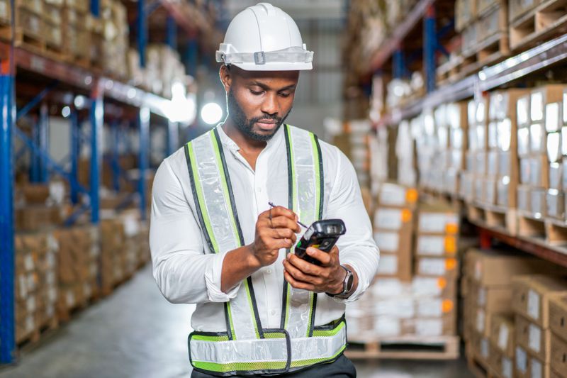 Warehouse worker in uniform is inspecting shipment for delivering to customers