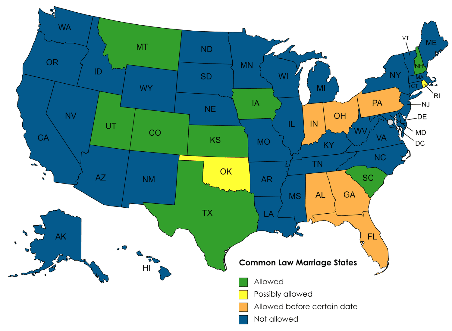 Map of the United States, with common-law marriage states identified