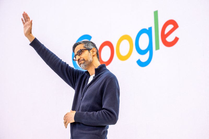 Google CEO Sundar Pichai waves at a company event in Mountain View, Calif., on May 20. 