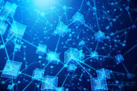 Blockchain concept of a transparent cube with encryption data code and network.