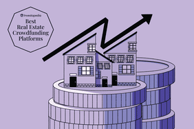 Custom illustration showing best real estate crowdfunding platforms with a black arrow on top of a house on top of coins stacked high, all on a purple background