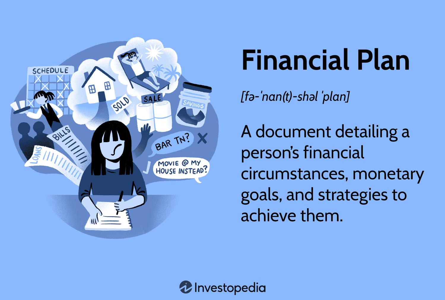 A visual representation of financial planning concepts with text definitions and illustrations