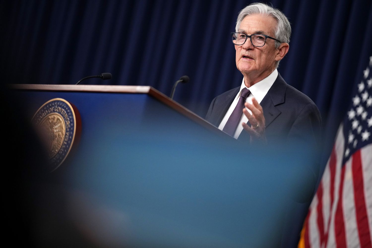Fed Chair Jerome Powell speaks in Washington, D.C., on Wednesday. 