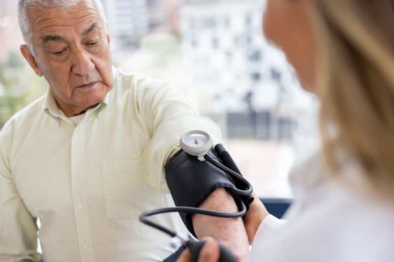 Doctor taking the blood pressure of an older man