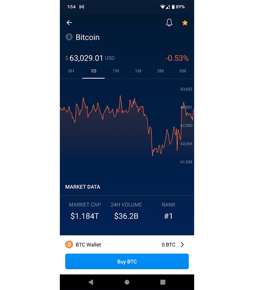 The Bitcoin tracking page in the Crypto.com app